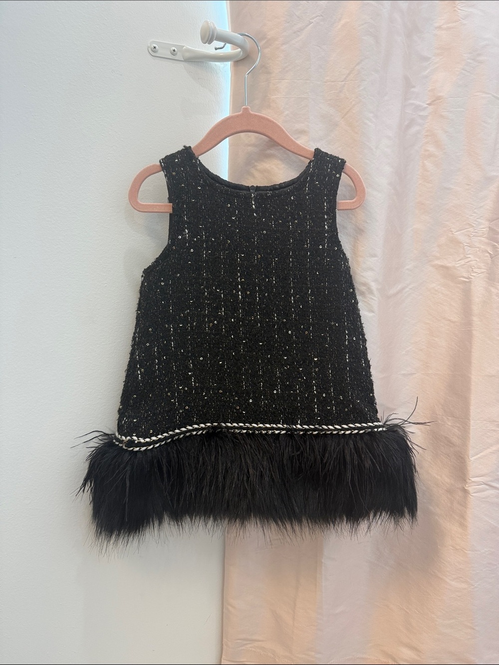 Girls' Black Tweed Feather Hem Dress